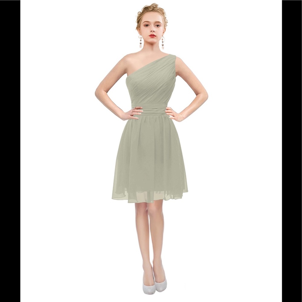 Pale Green One Shoulder Chiffon Formal Dress: Corset Tie Back, Sz. 8-NWT